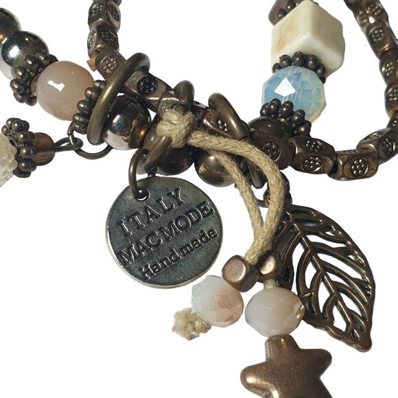 Handmade Mac Mode Italy Vintage Bronze Bead Stretch Two LayeBracelet  With Charm - Picture 5 of 6